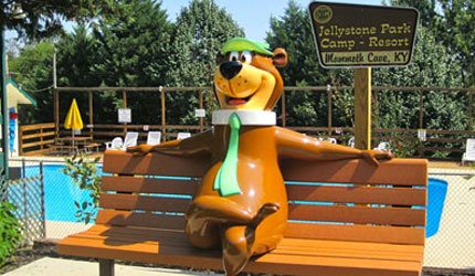 Yogi Bear sitting on a bench at Jellystone Camp ground in Mammoth Cave, Ky